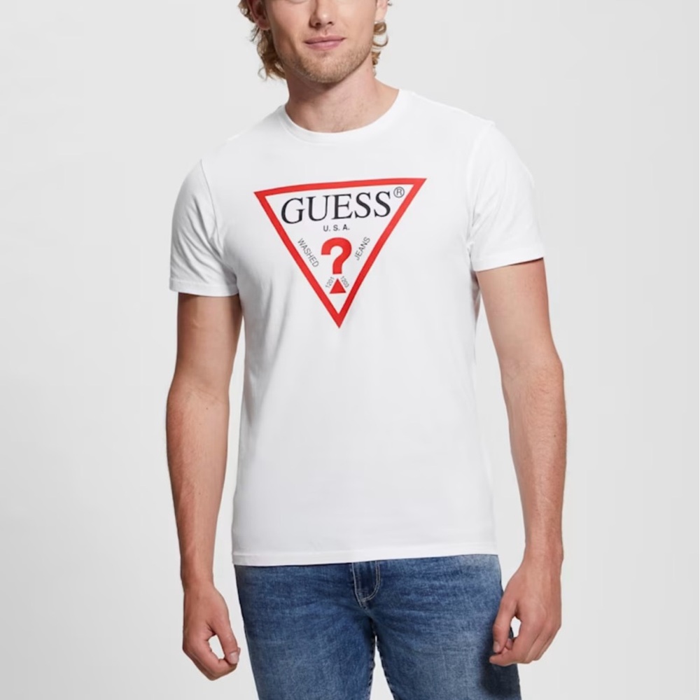 GUESS Men's White Tee with Red Logo